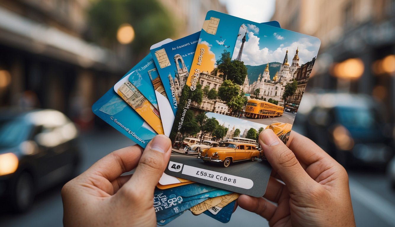 A traveler holding a stack of cashback cards with travel-related imagery, surrounded by landmarks and modes of transportation