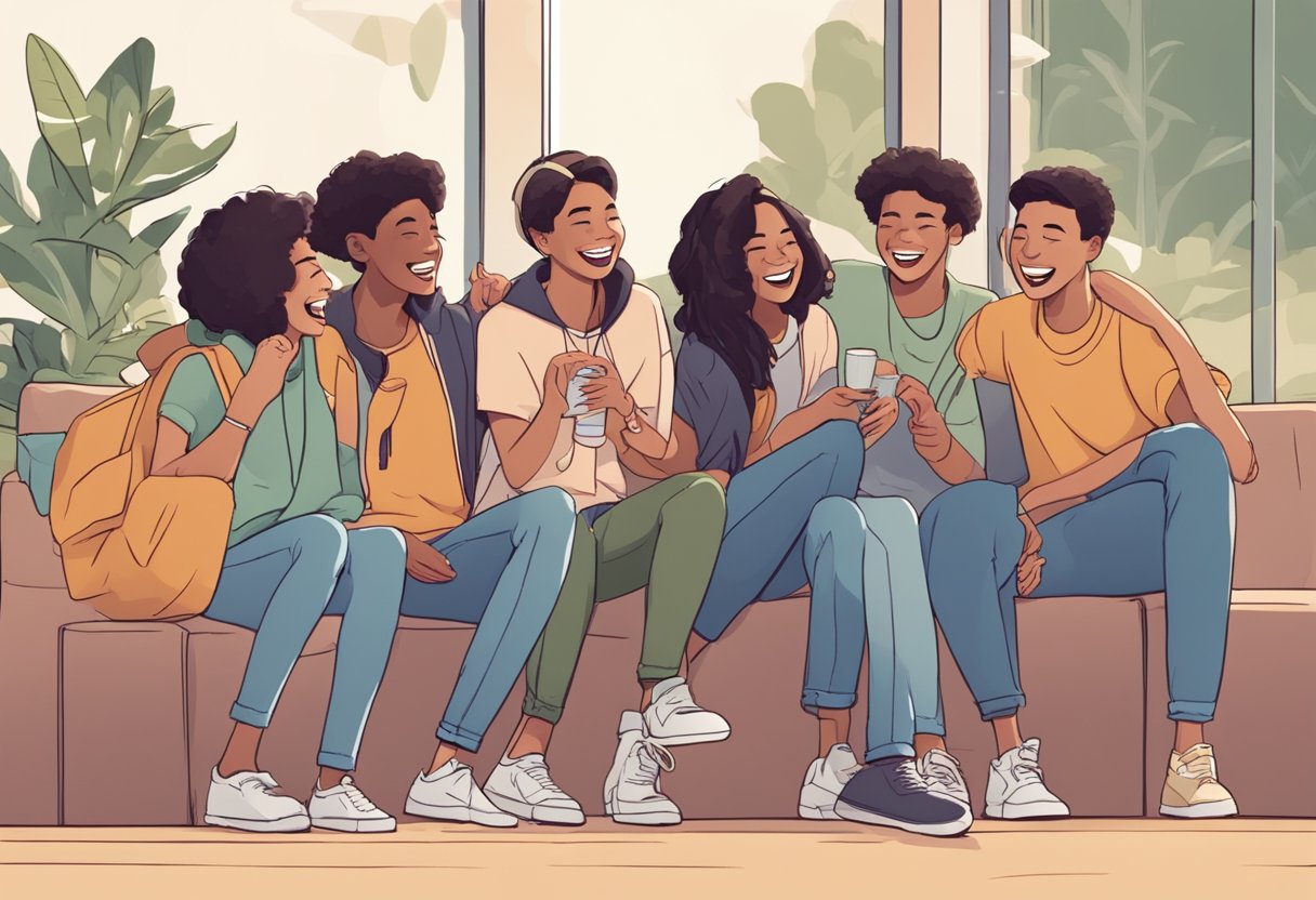 A group of teenagers laughing together while sharing jokes. They are gathered in a casual setting, with smiles on their faces and animated gestures as they exchange humorous stories