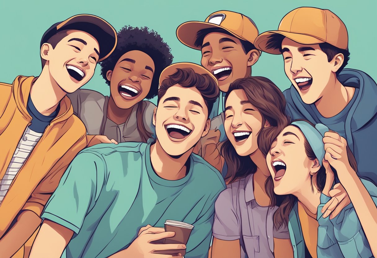 A group of teenagers laughing together while sharing classic jokes