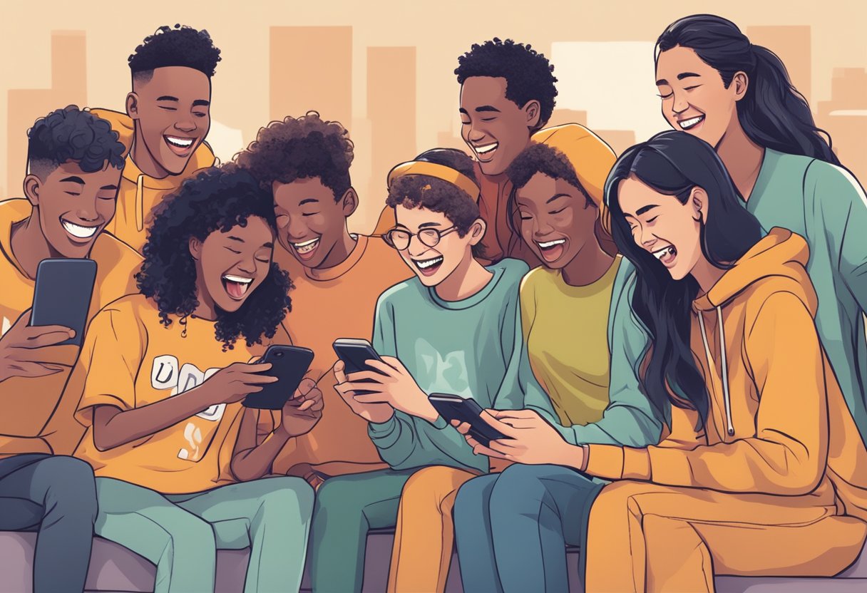 A group of teens laughing while reading jokes on their phones. Trending jokes displayed on a screen in the background