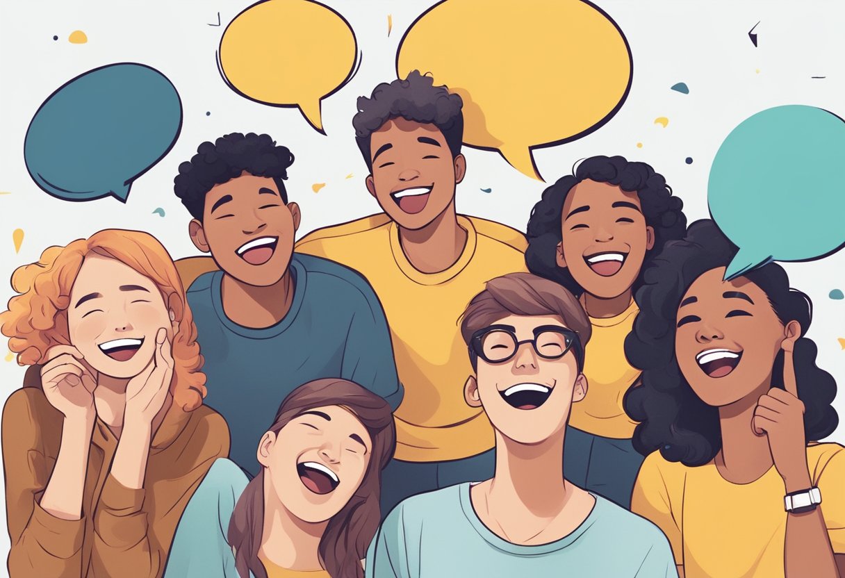 A group of teenagers laughing and sharing jokes, with speech bubbles and emojis floating above their heads