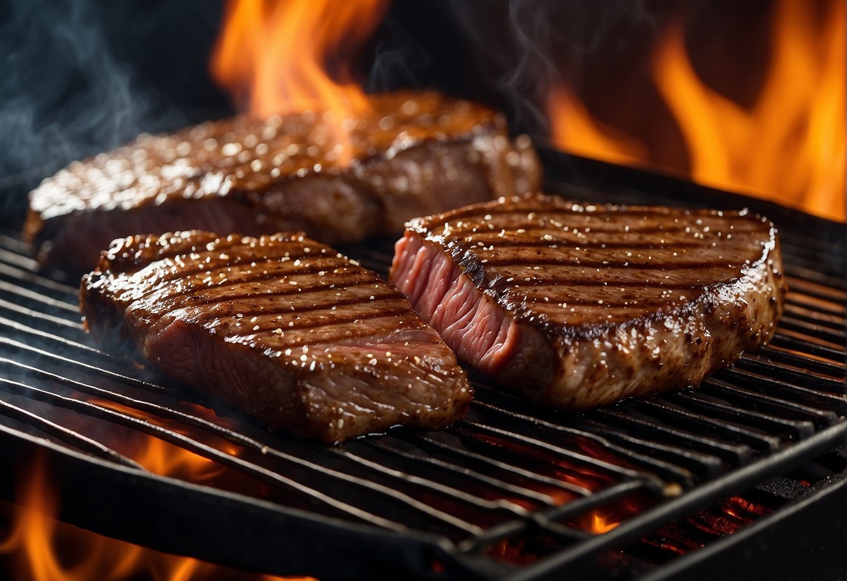 Two cuts of beef sizzle on a hot grill, the flap meat and skirt steak. The flames lick at the edges, creating a mouth-watering aroma