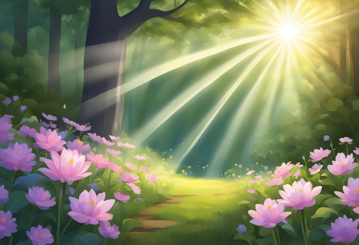 A beam of light shining down on a blooming flower surrounded by peaceful nature