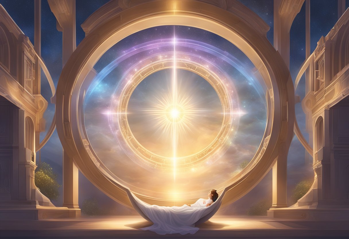 A glowing halo hovers above a cradle, surrounded by celestial symbols and soft, ethereal light. A sense of peace and divine presence fills the air