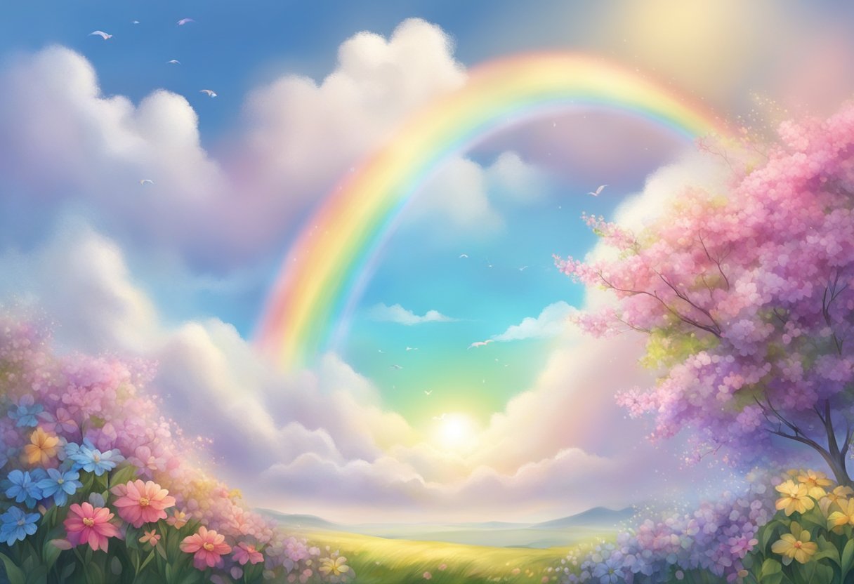 A bright sky with a rainbow and a gentle breeze, surrounded by blooming flowers and a sense of peace and tranquility