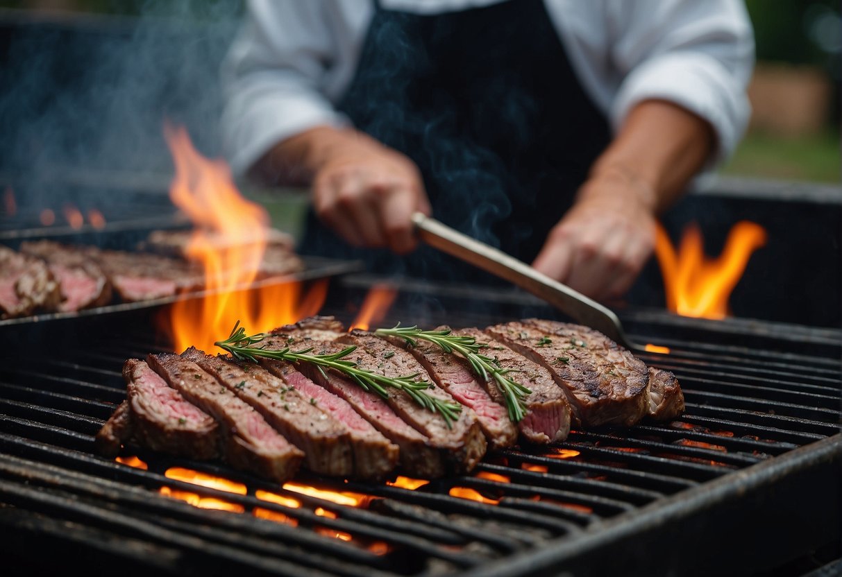 A chef seasons and grills flap meat and skirt steak on a hot grill. The sizzling meat releases a mouth-watering aroma as it cooks