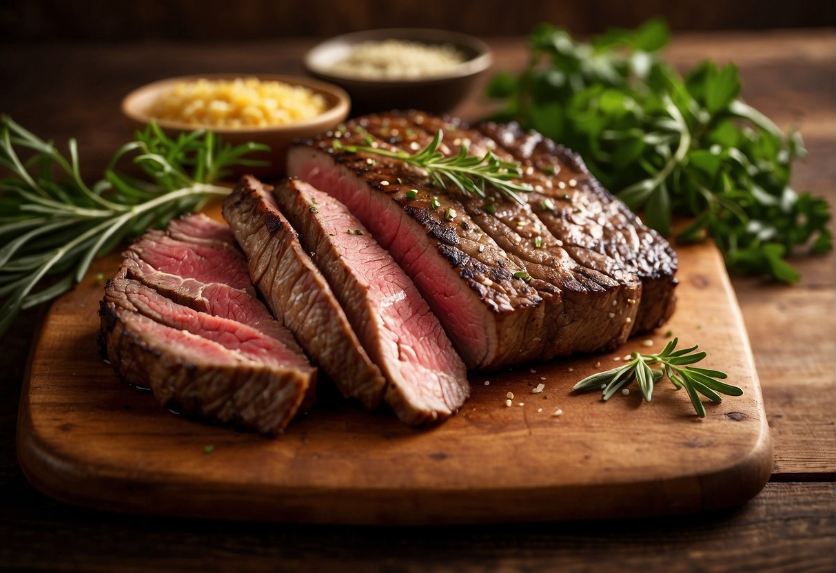 Two cuts of steak, flap meat and skirt steak, displayed on a wooden cutting board with a variety of herbs and seasonings