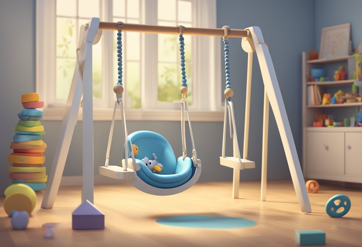 A baby swing sits empty, surrounded by scattered toys and a ticking clock, suggesting the passing of time and the need to transition to new stages of development