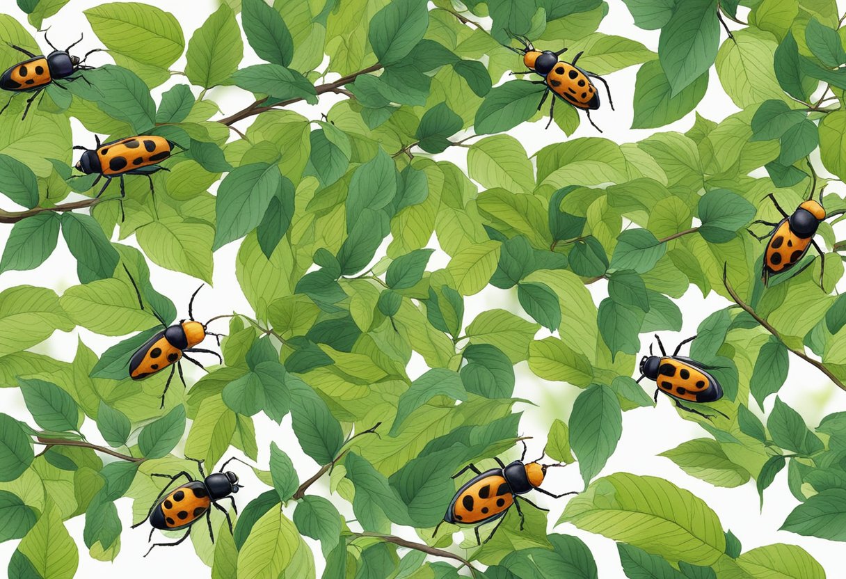 A swarm of invasive beetles devours Chinese elm leaves, killing the trees