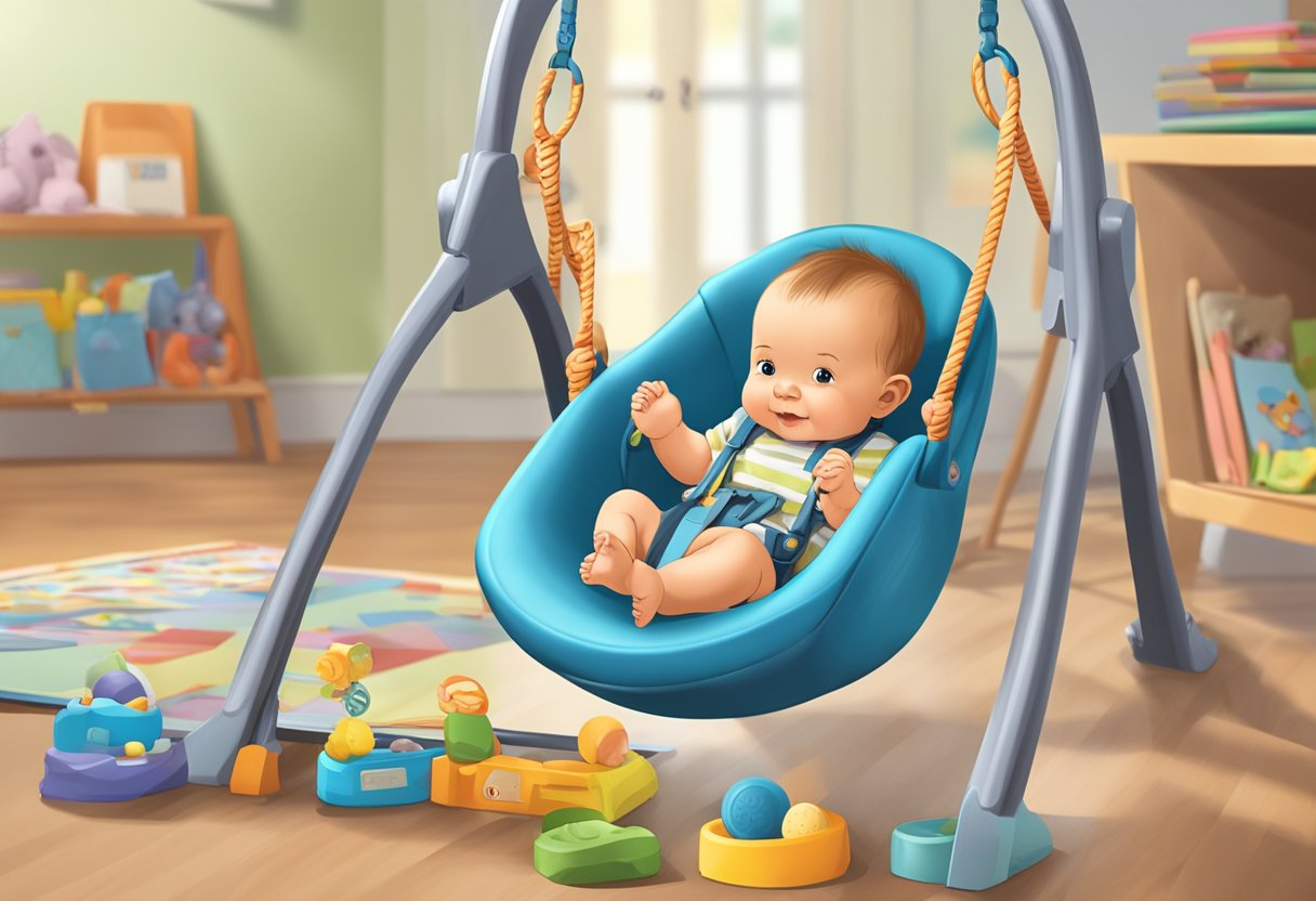 A baby swing sits empty, its safety straps securely fastened. A warning label indicates the maximum weight limit. The swing is surrounded by a clutter of baby toys and a concerned parent looking at a calendar