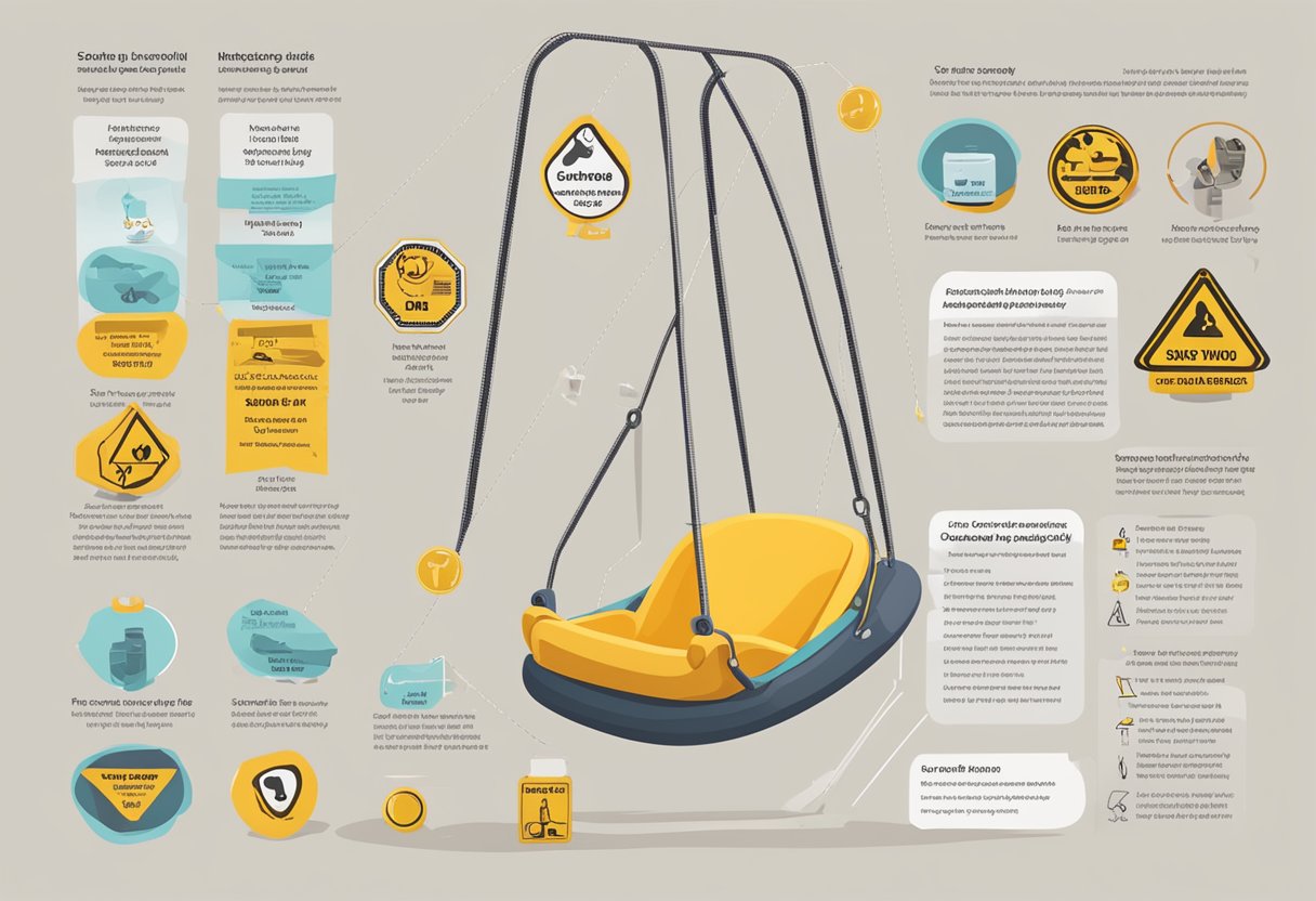 A baby swing sits empty, surrounded by warning signs and a list of safety considerations