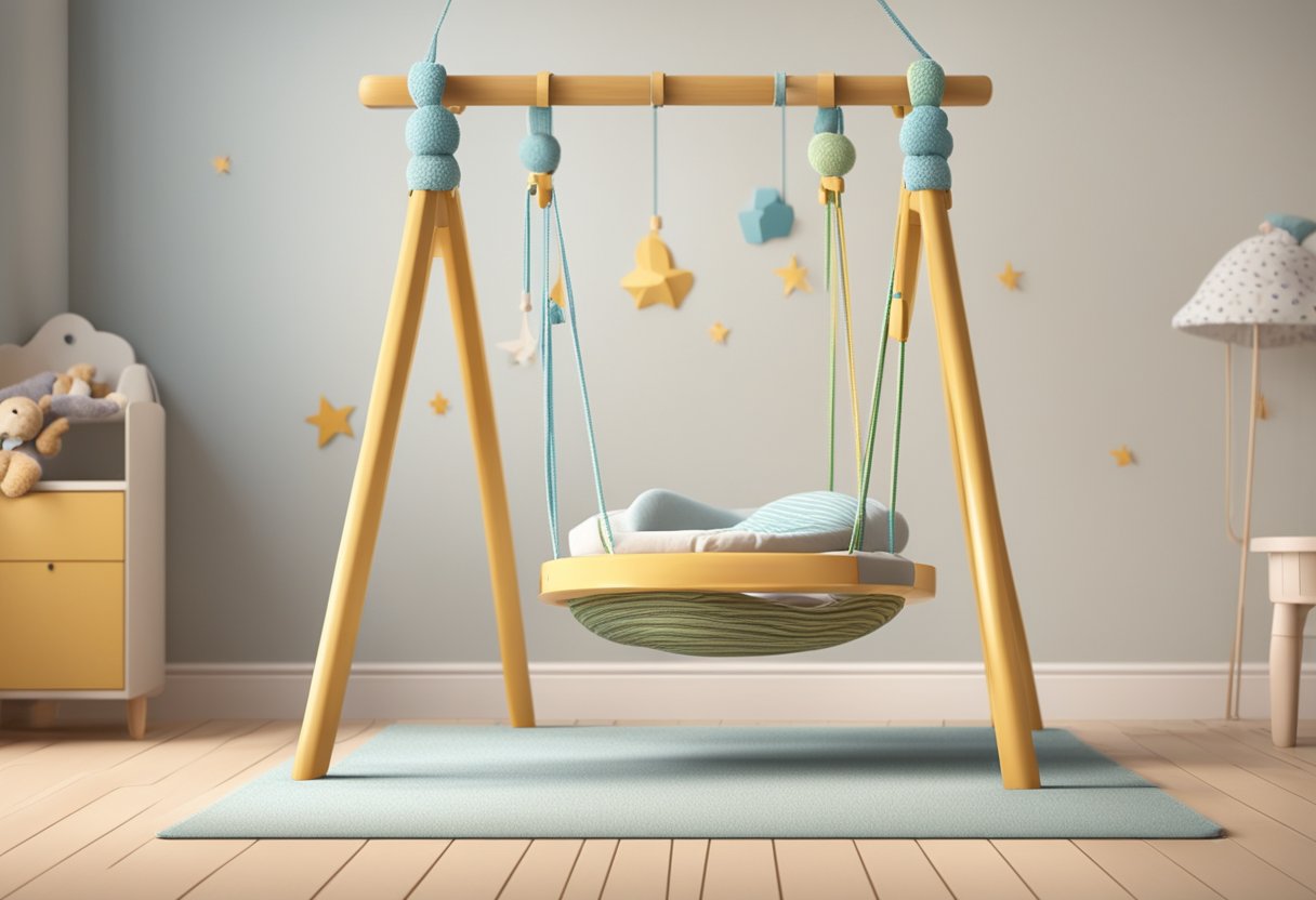 A baby swing sits empty, its gentle swaying motion coming to a halt. The room is quiet, with toys scattered on the floor, signaling the end of an era