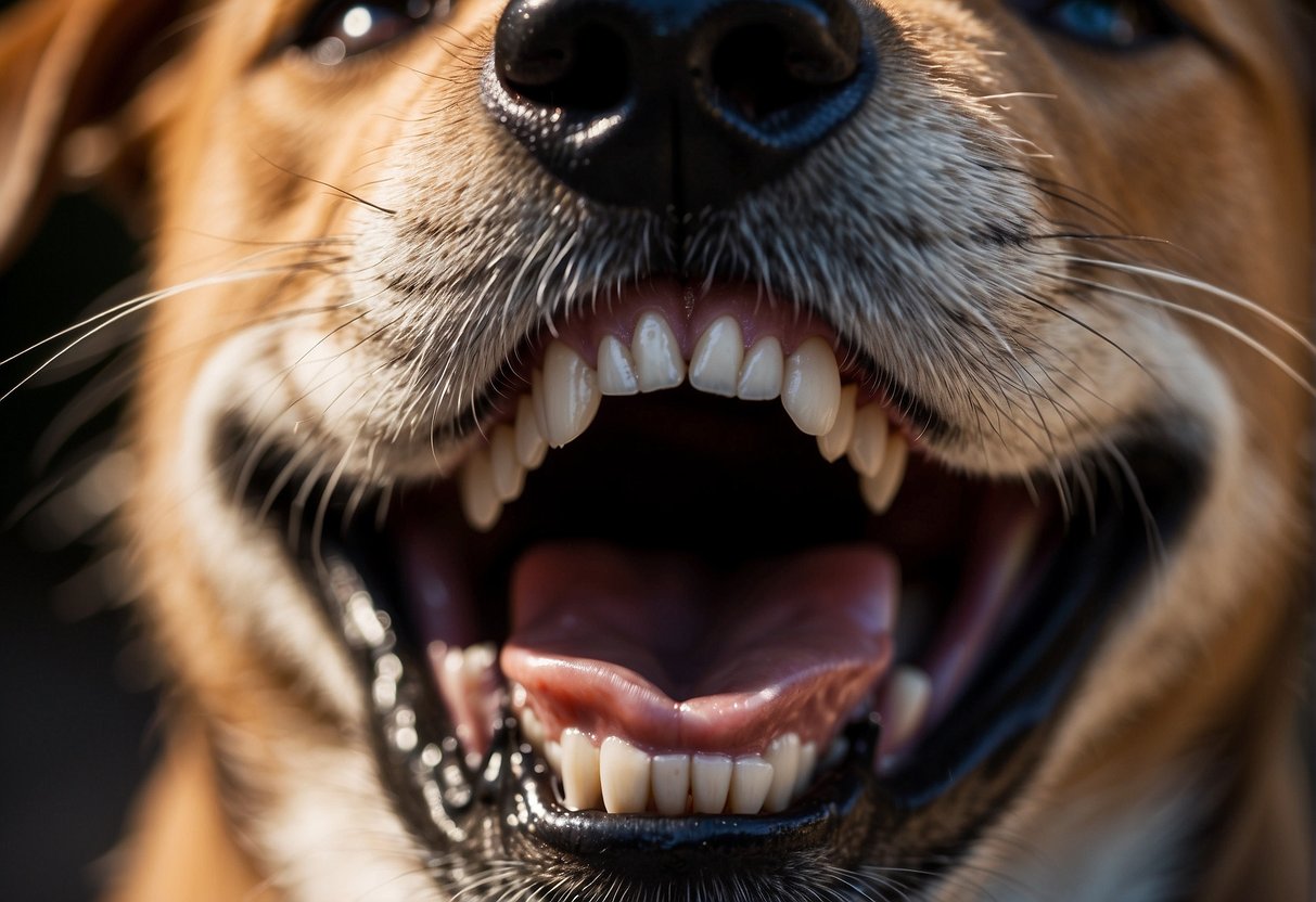 A close-up of a dog's mouth showing the development of its canine dentition, including the number of teeth present