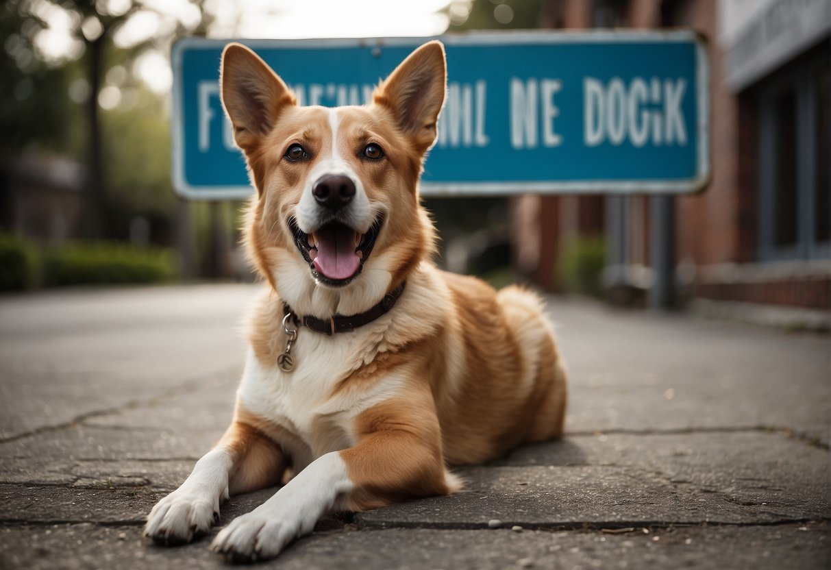 A dog with 42 teeth, sitting in front of a sign that reads "Frequently Asked Questions: How many teeth does a dog have?"