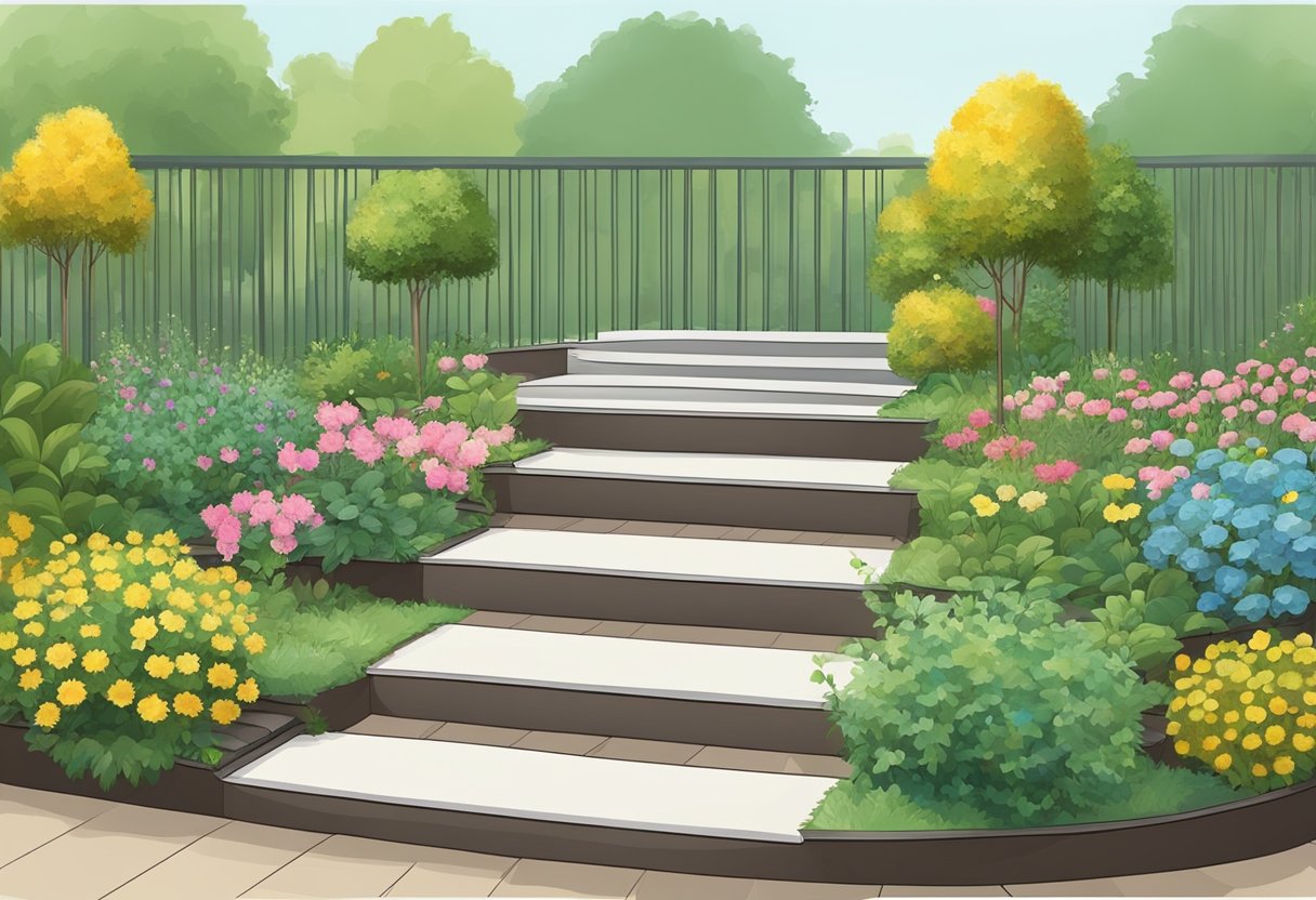 A garden with non-slip rubber mats on each step, handrails for support, and soft, rounded edges for safety
