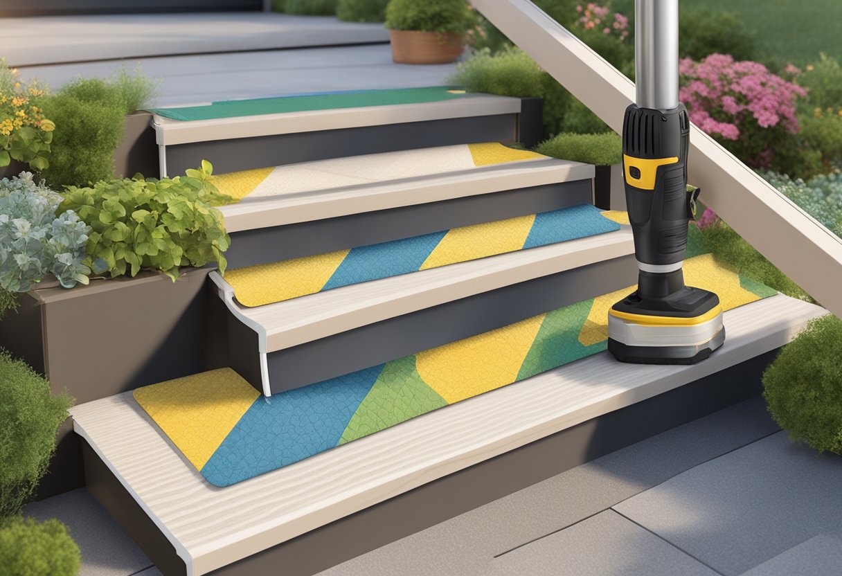 Gather non-slip mats, rubber grips, and handrails. Use a drill, screws, and measuring tape to secure them on garden steps