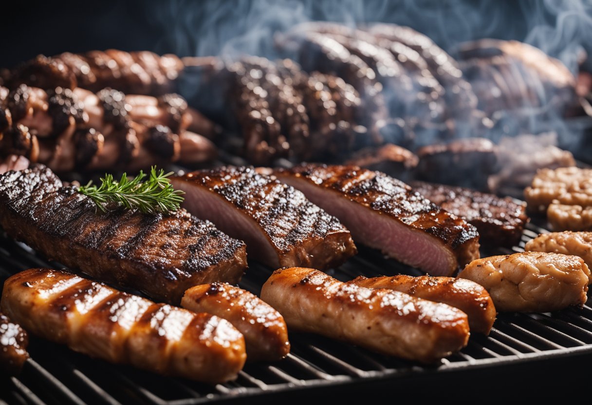 A variety of meats arranged on a smoking rack, including brisket, ribs, pork shoulder, and sausages, with wisps of smoke rising from the grill