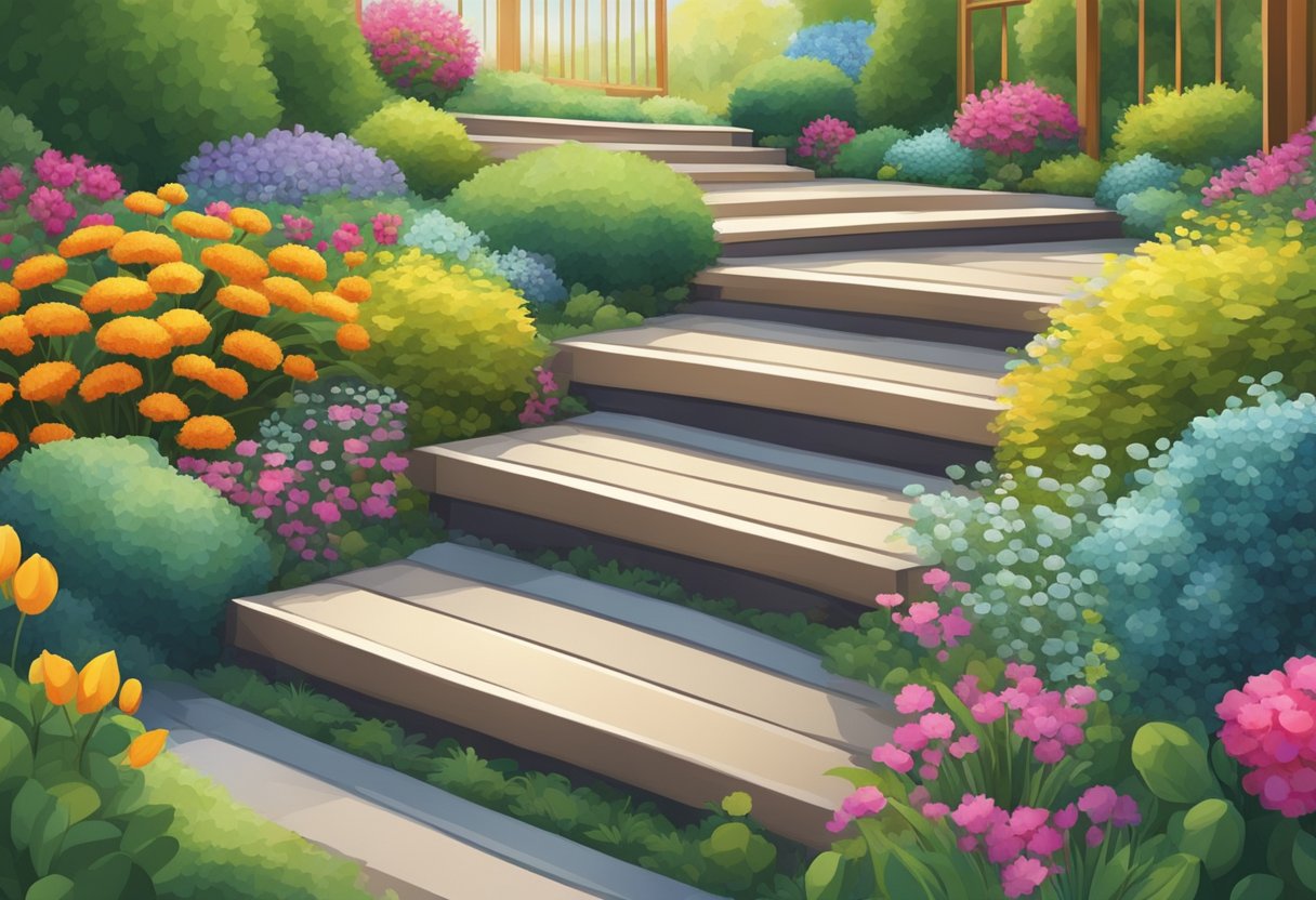 A garden path with low, wide steps, surrounded by soft, cushioned surfaces and bright, colorful handrails for safety