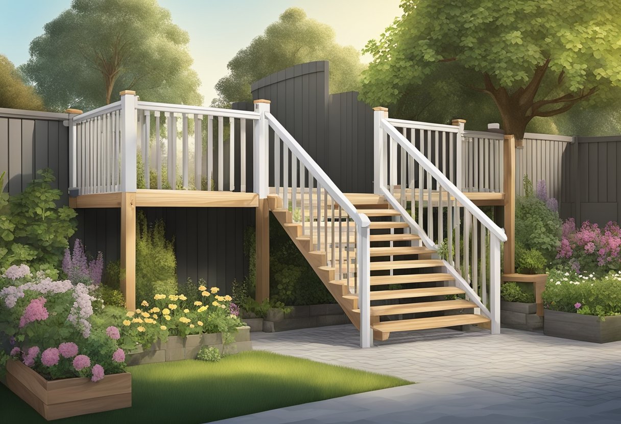 A sturdy wooden staircase with non-slip treads, handrails, and a gate at the top to ensure safety for toddlers in a garden setting