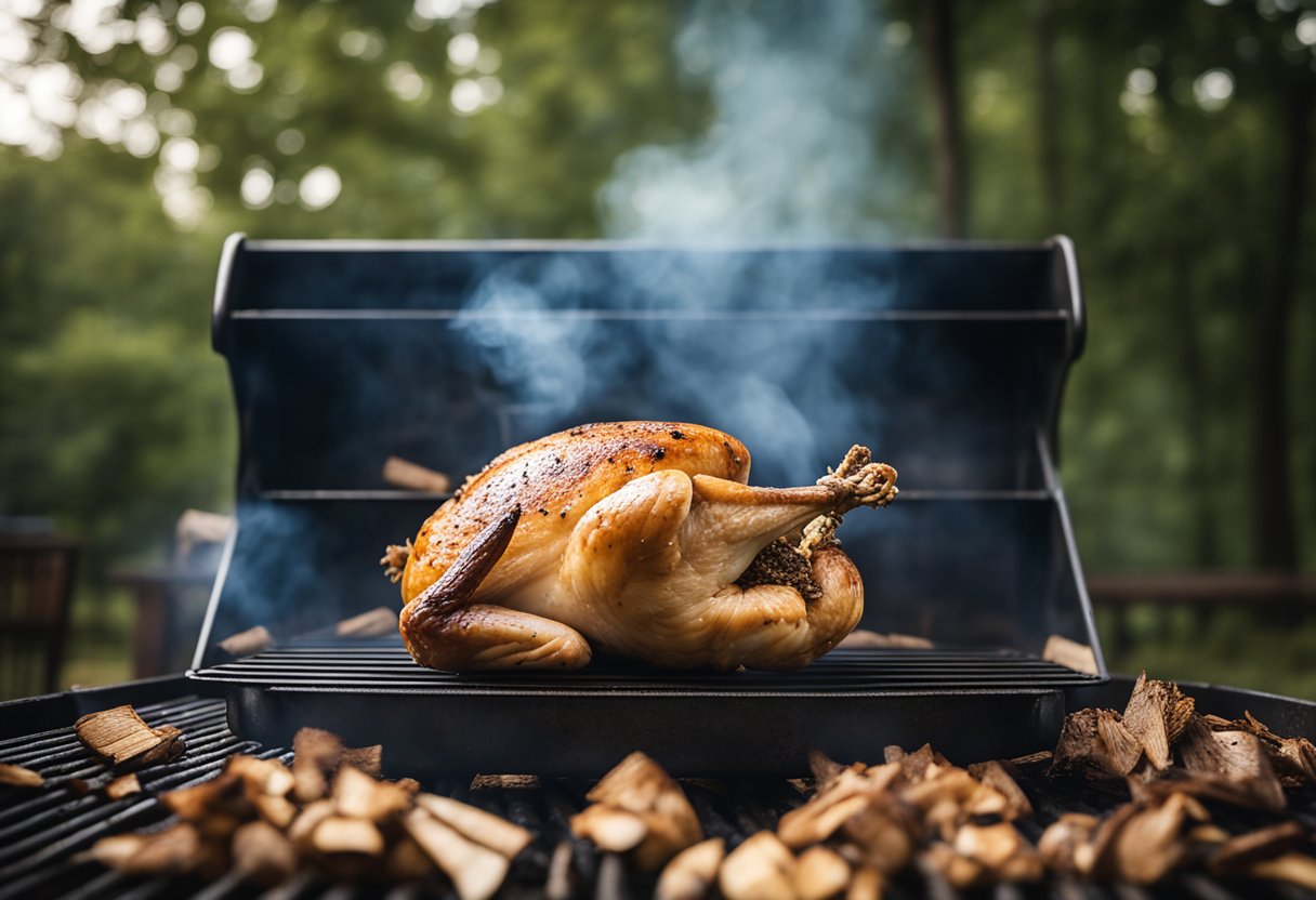 A whole chicken surrounded by smoking wood chips on a grill