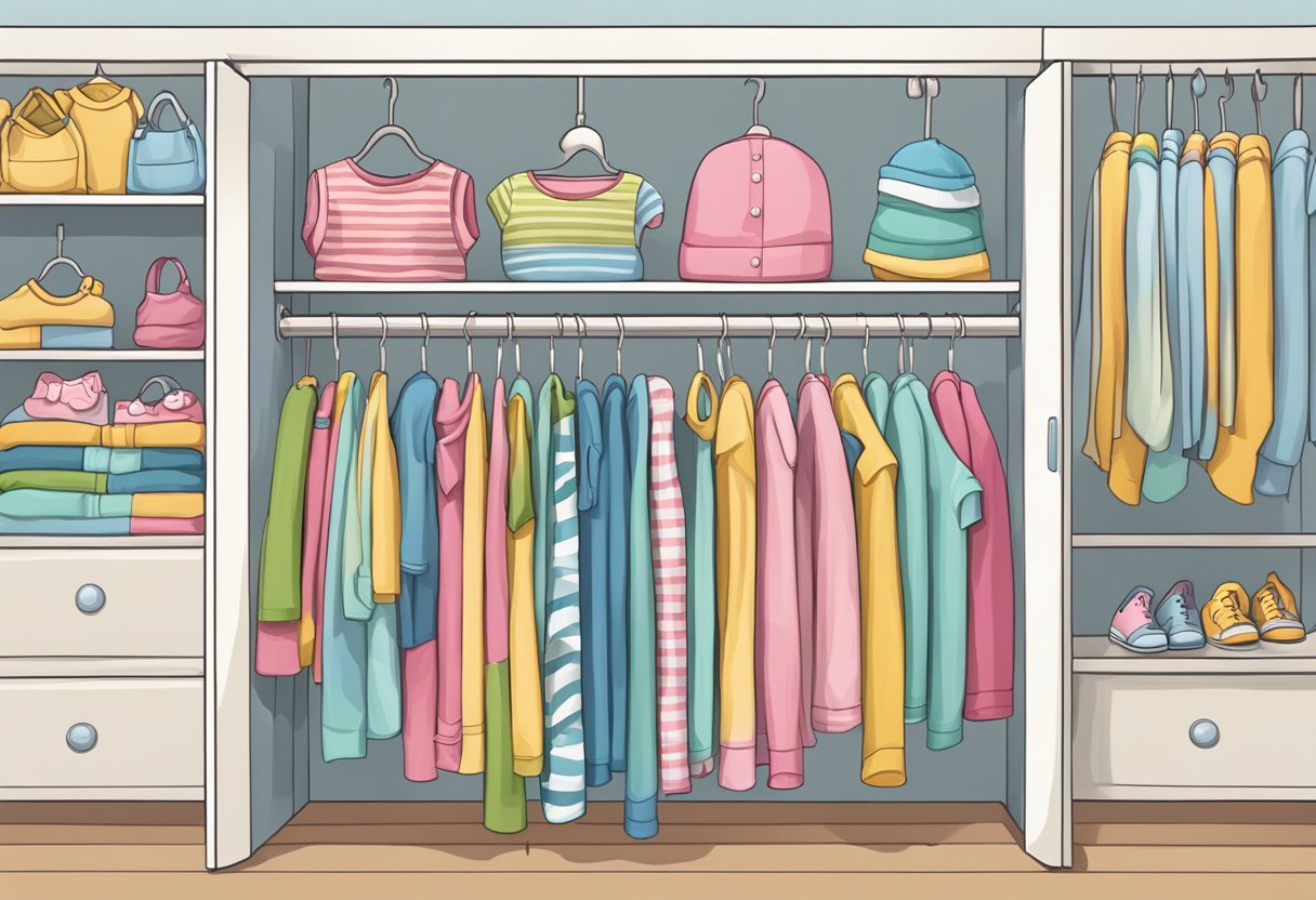 A closet filled with colorful baby clothes hung neatly on small, matching hangers