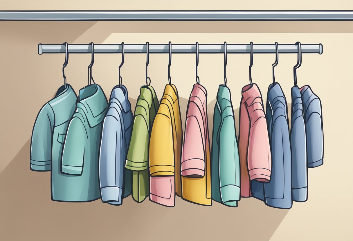 A row of colorful baby hangers hangs neatly in a closet, each one sized perfectly for tiny clothes