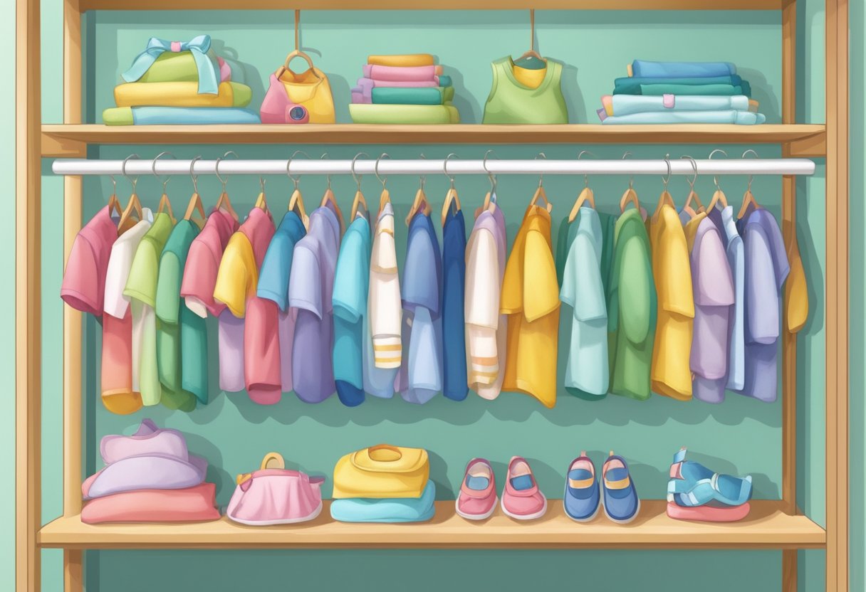 A nursery closet with small, colorful baby hangers hanging neatly from a rod, ready for tiny clothes
