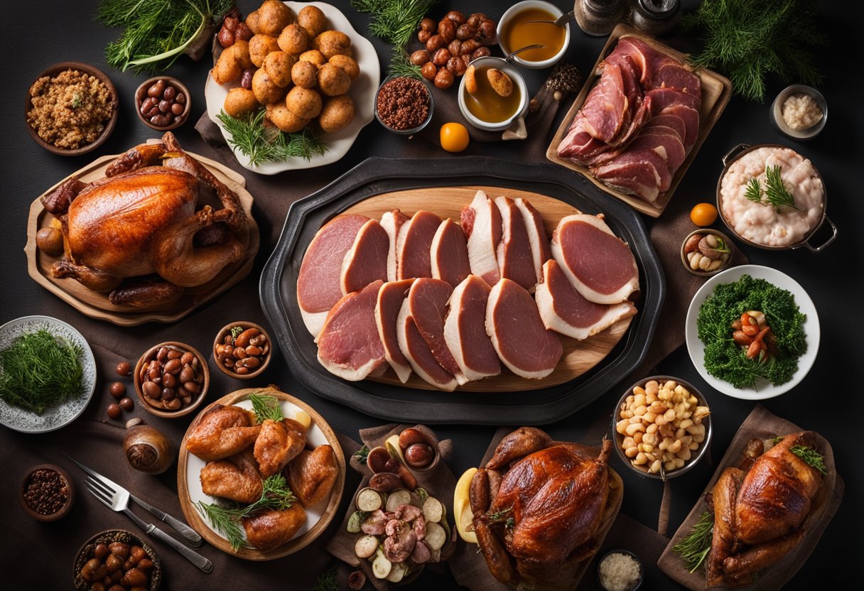 A table with a variety of smoked meats, including turkey, arranged in an appealing display