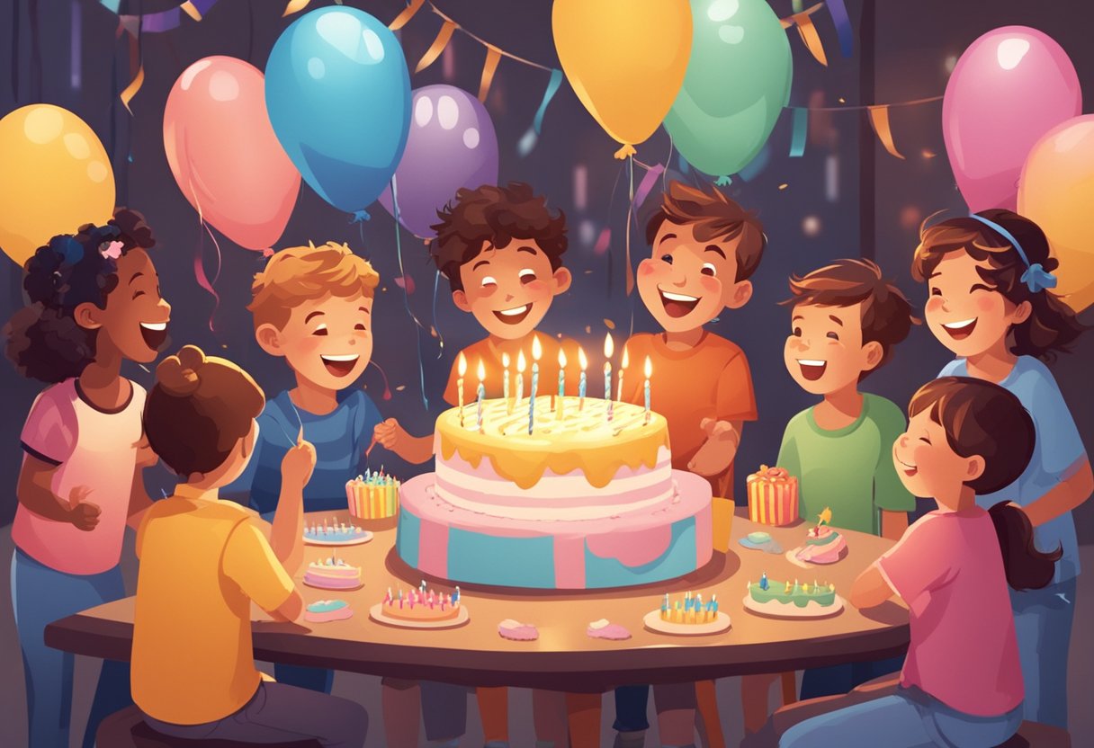 A group of kids at a birthday party, laughing and telling jokes. A cake with "11" candles sits on a table. Balloons and streamers decorate the room