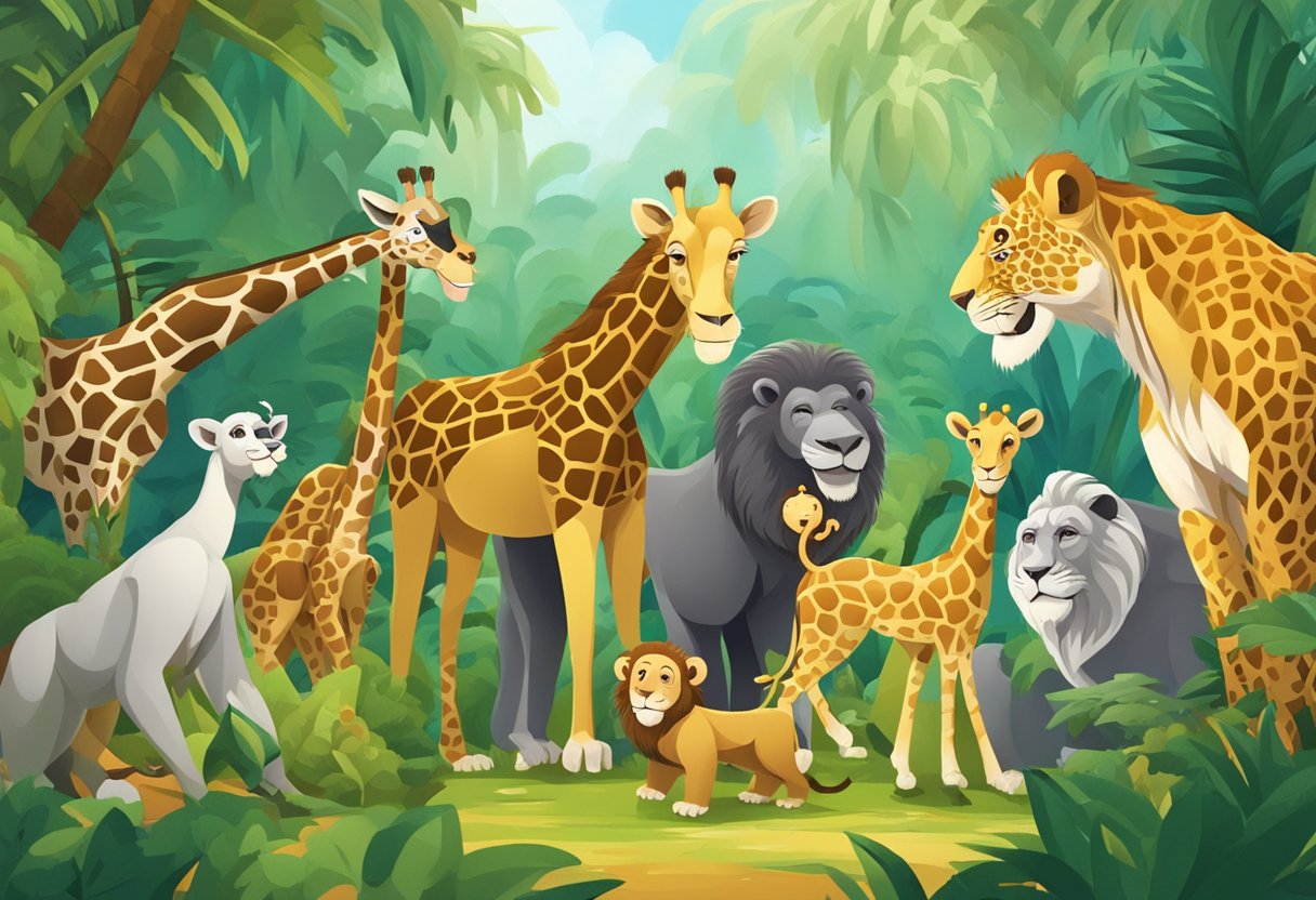 A group of animals, including a monkey, a giraffe, and a lion, are gathered in a jungle clearing, laughing and telling jokes to each other