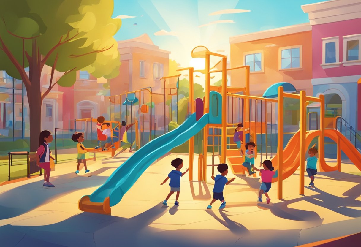 Children laugh and share jokes in a colorful schoolyard, surrounded by swings and slides. The sun shines, casting playful shadows on the ground