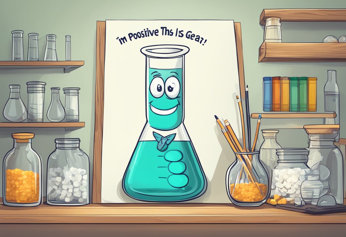A beaker with a smiling face holds a sign that says "I'm positive this is a great pun!" Test tubes laugh in the background