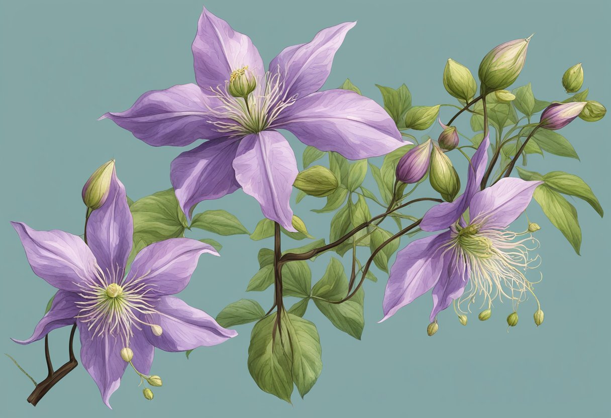 The clematis plant droops, with wilted leaves and flowers hanging limply from the stems