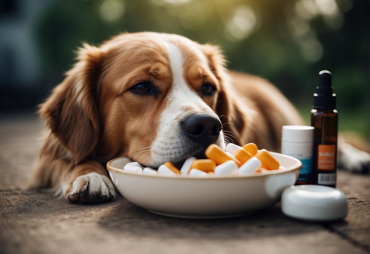 A dog with a sad expression, lying down with a bowl of uneaten food and a bottle of medication nearby