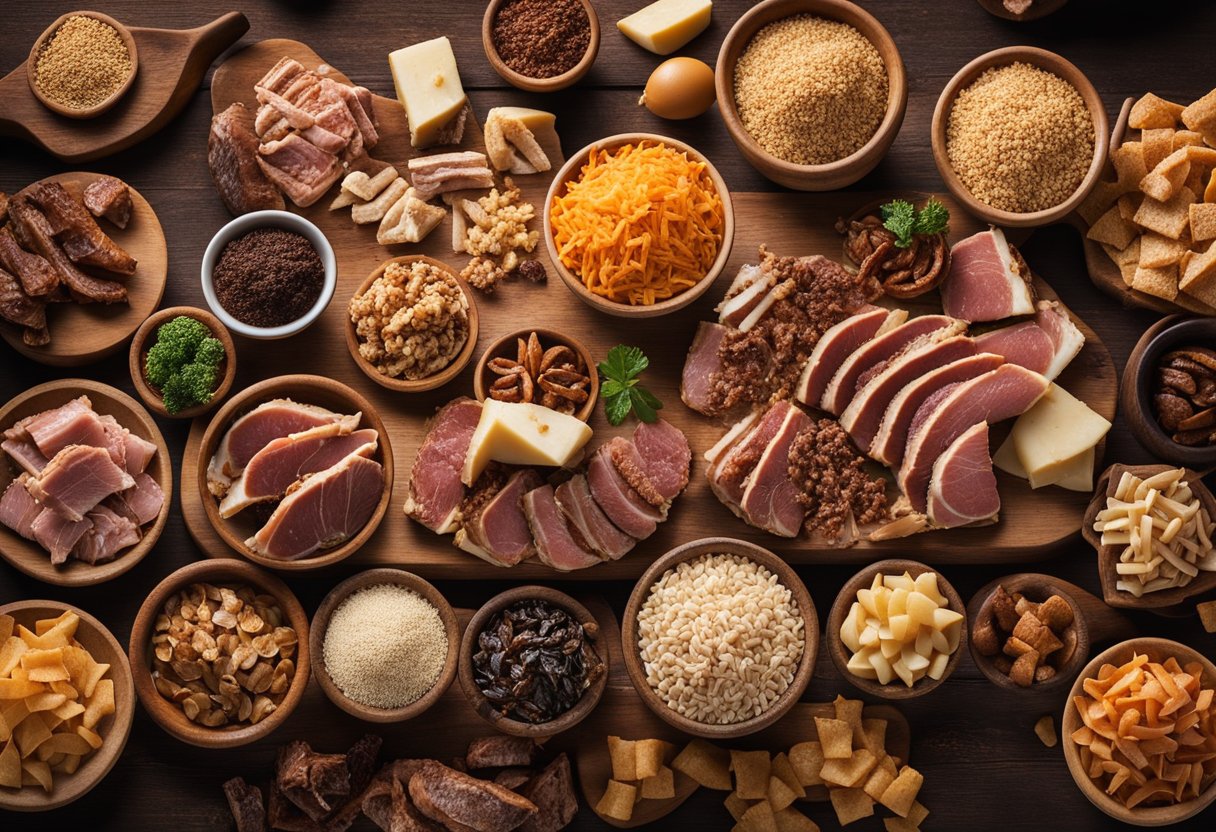 A variety of wood chips and chunks surround a selection of meats, including brisket and ribs, with flavor pairings listed nearby