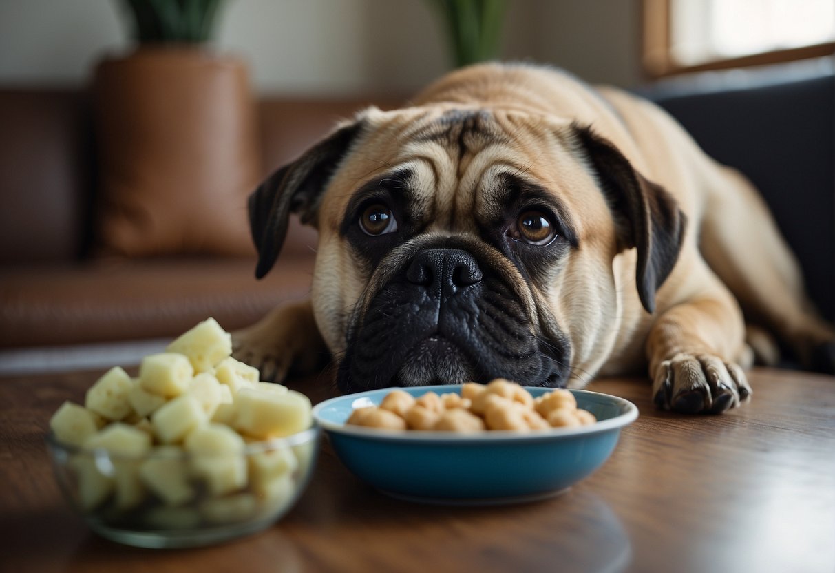 A dog with a sad expression, lying down with a bowl of uneaten food nearby. The dog appears uncomfortable and is occasionally whimpering