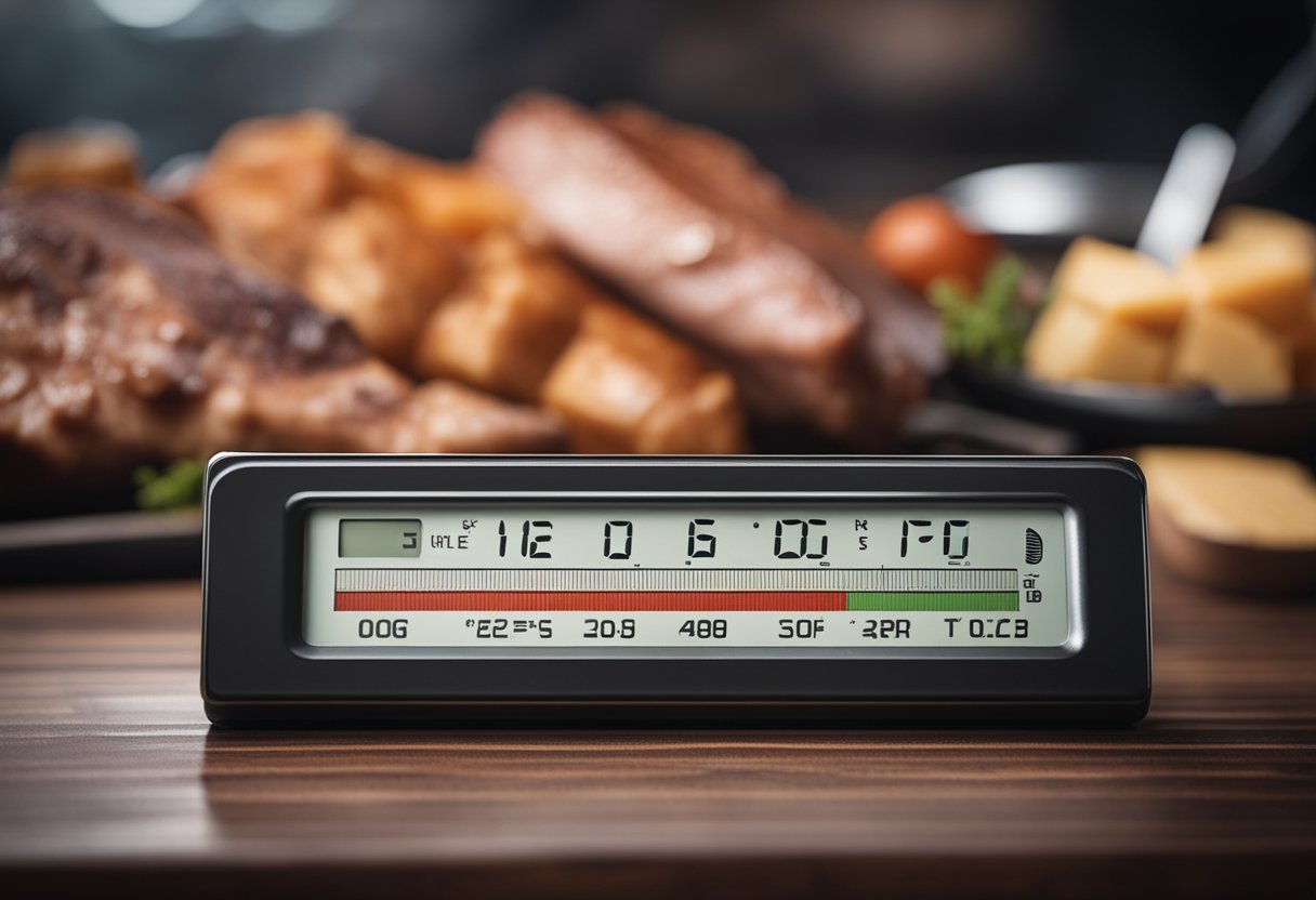 A thermometer measures the temperature of a smoker, while a list of the top 8 best meats to smoke is displayed on a digital screen