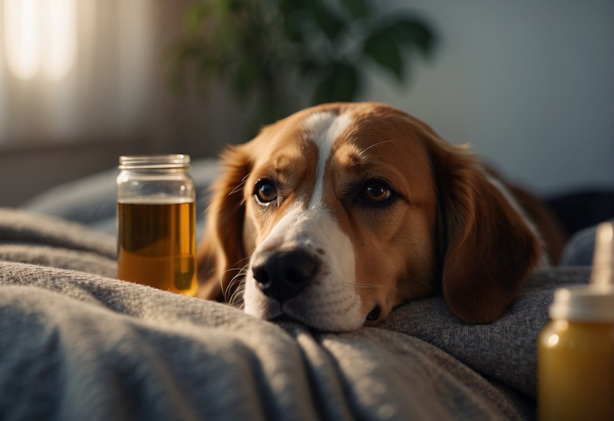 A dog with a sad expression lying on a cozy bed, with a bowl of bland food and a bottle of medication nearby. The room is quiet and peaceful, with soft lighting and a comforting atmosphere