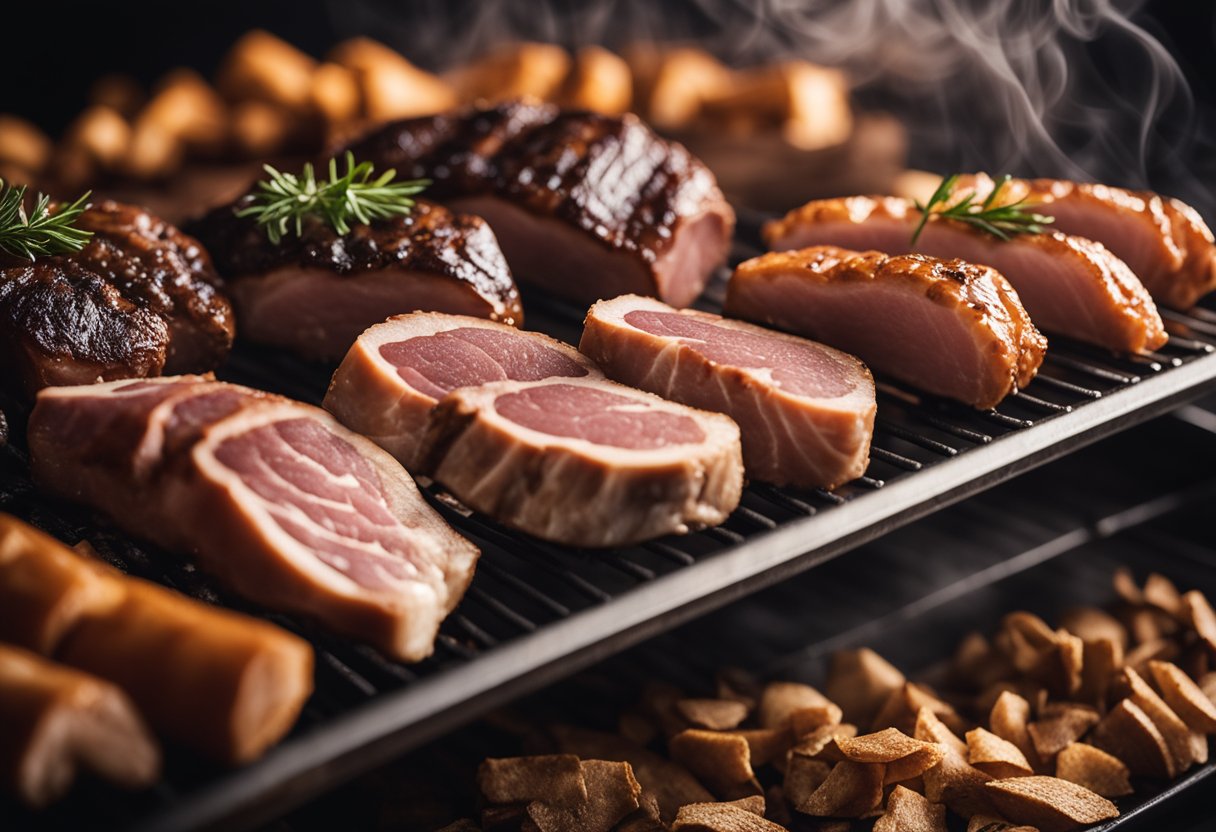 A variety of meats arranged on a smoking rack, surrounded by wood chips and a smoky haze