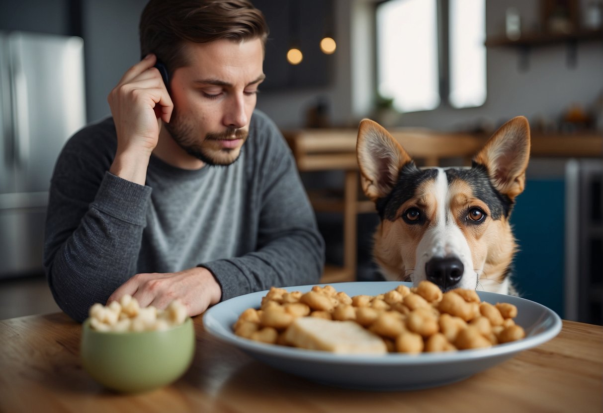 A dog with a sad expression, lying down with a bowl of uneaten food nearby, and a concerned owner looking at the dog with worry