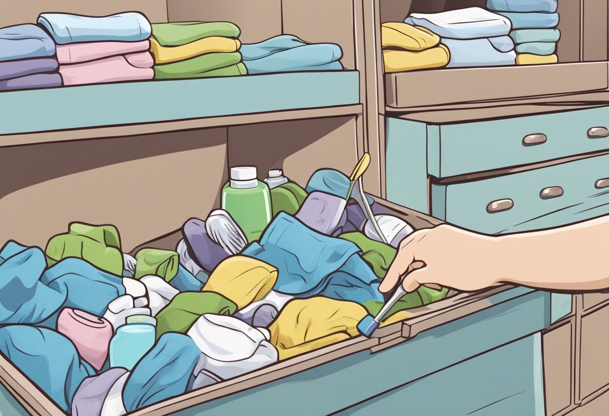 A hand pours detergent onto a stained baby onesie. Another hand scrubs the fabric with a brush. A pile of neatly folded baby clothes sits in a storage bin