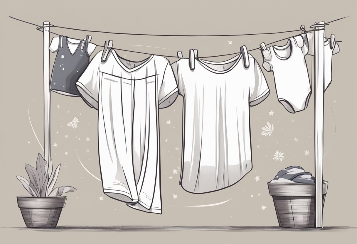 Clean baby clothes hang on a clothesline. A gentle breeze blows through, drying the fabric. Nearby, neatly folded clothes are stored in a labeled container