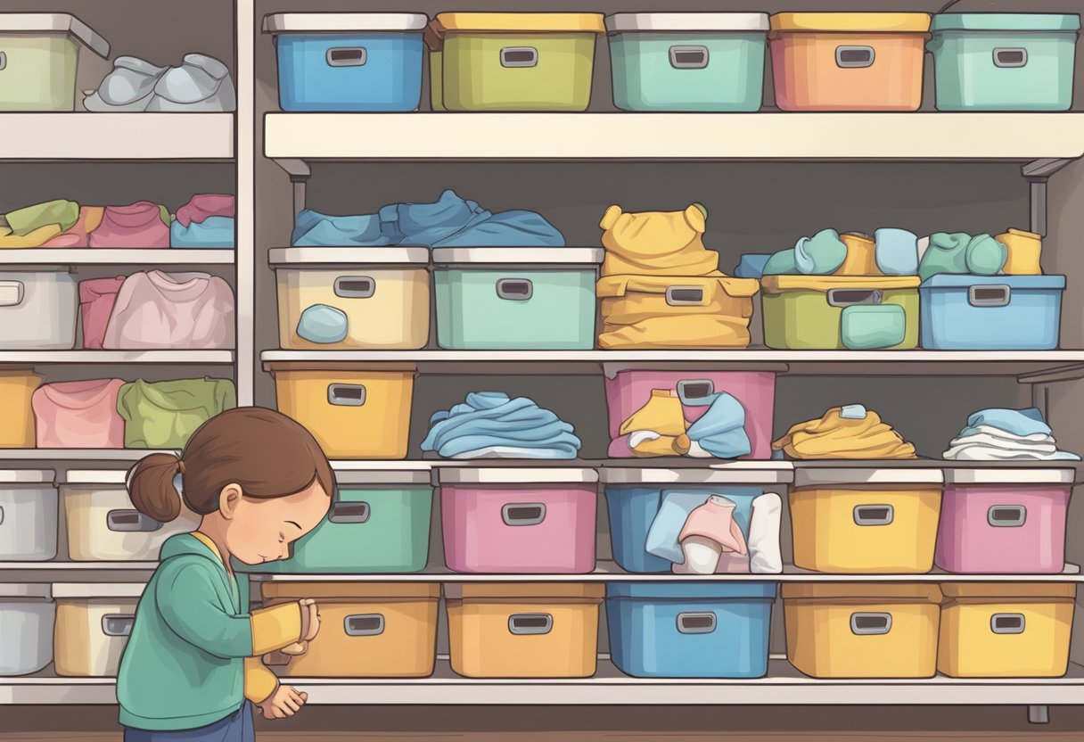 A person selecting storage containers for old baby clothes