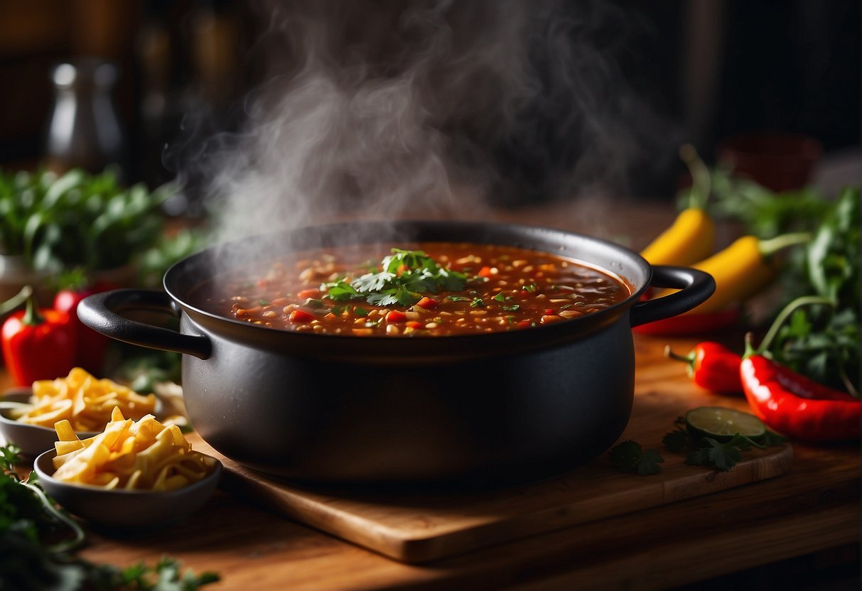 A steaming pot of Trader Joe's birria simmers on a stovetop, surrounded by vibrant red chilies, aromatic spices, and fresh herbs