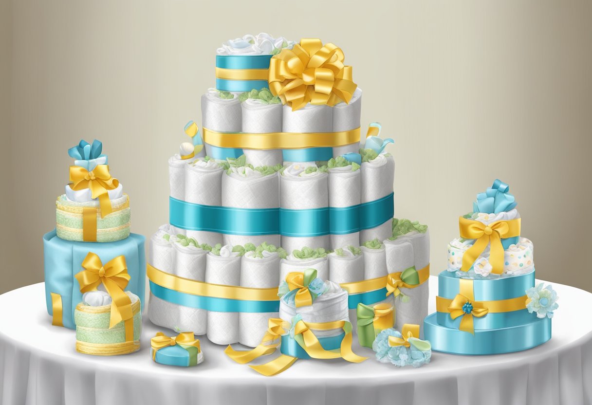 A diaper cake sits on a table, adorned with ribbons and baby-themed decorations. It consists of multiple layers, each wrapped with diapers and secured with rubber bands
