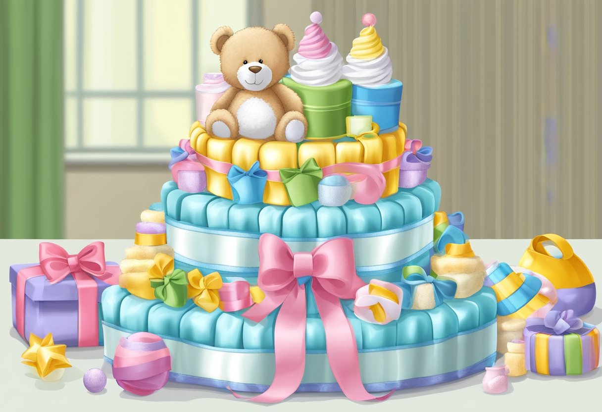 A diaper cake sits on a table, adorned with ribbons and toys. It consists of numerous diapers, stacked and arranged in tiers, creating a decorative and practical gift for a baby shower