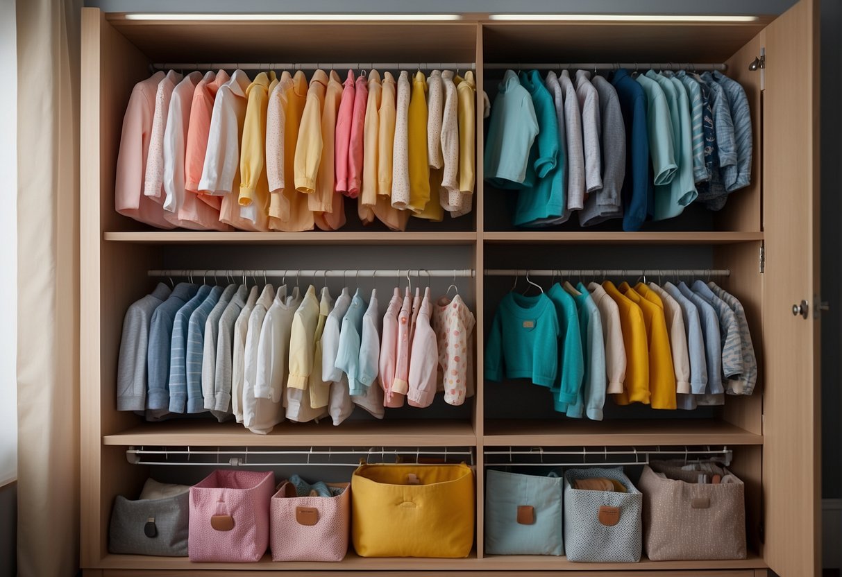Colorful baby clothes neatly folded in fabric organizers, hanging on wall hooks, and stored in compact shelves in a small nursery space