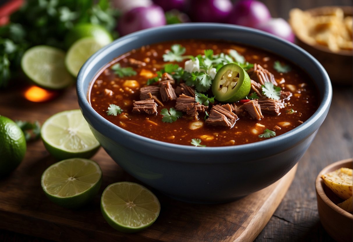 A steaming pot of Trader Joe's birria simmers with rich red broth, tender chunks of beef, and aromatic spices, surrounded by vibrant garnishes of cilantro, onions, and lime wedges