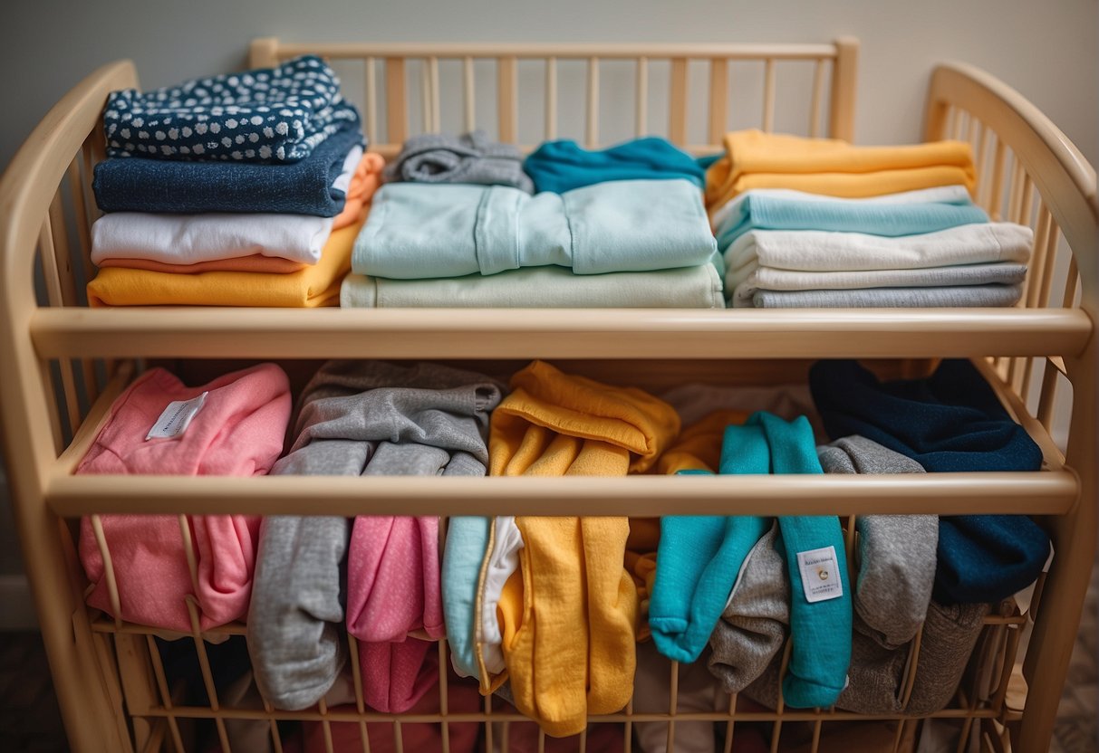 Colorful baby clothes neatly folded and organized in fabric bins under a crib, maximizing storage in a small space