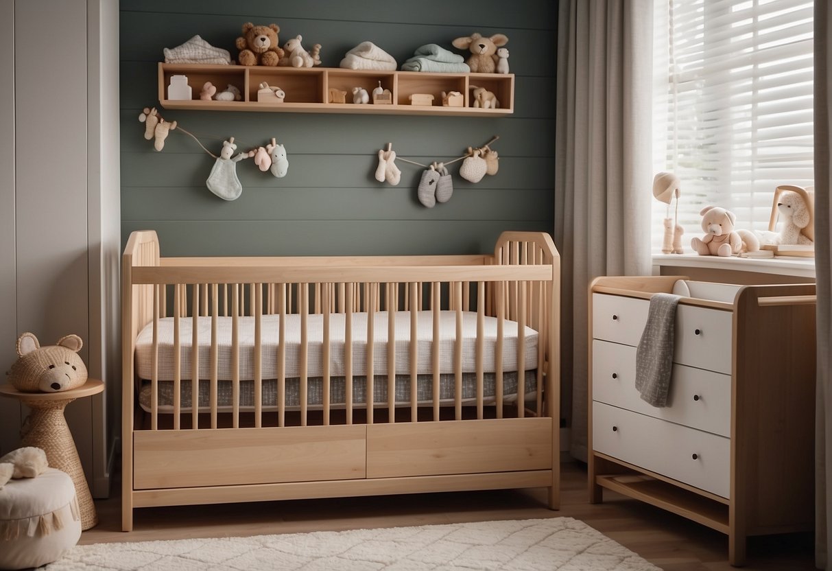 A convertible crib with built-in drawers and shelves holds neatly folded baby clothes in a cozy, compact nursery
